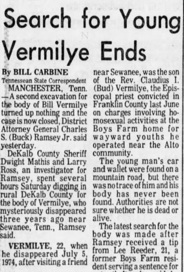 1977 story on the disappearance of Bill Vermilye